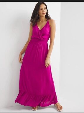 White House Black Market Fuchsia Draped V-Neck Maxi Dress